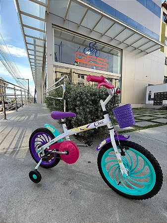 BICICLETA ARO (16) FEMININA CALOI CECI S/ MARCHA FREIO V-BRAKE COM CESTA COR BRANCO/ROXO