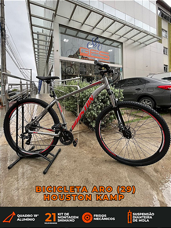BICICLETA MTB ARO (29) HOUSTON KAMP CÂMBIO SHIMANO 21VELOCIDADES (3X7) FREIO DISC MECÂNICO TAMANHO 19 (G) PRATA/VERMELHO