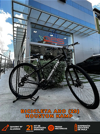 BICICLETA MTB ARO (29) HOUSTON KAMP CÂMBIO SHIMANO 21VELOCIDADES (3X7) FREIO DISC MECÂNICO TAMANHO 19 (G) PRETA/CINZA