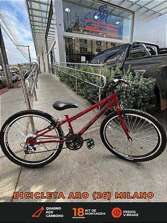 BICICLETA ARO (26) MASCULINA COR VERMELHA C/MARCHA 18V MARCA MILANO QUADRO REBAIXADO