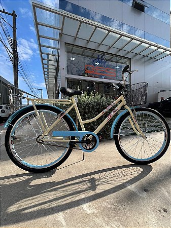 BICICLETA ARO (26) FEMININA COR AZUL/BEJE S/MARCHA FREIO V/BRAKE E FREIO CONTRA PEDAL MARCA ATTACK TROPYMAX