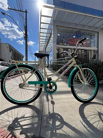 BICICLETA ARO (26) FEMININA COR BEGE/VERDE AQUA S/MARCHA FREIO V/BRAKE E FREIO CONTRA/PEDAL MARCA ATTACK TROPYMAX