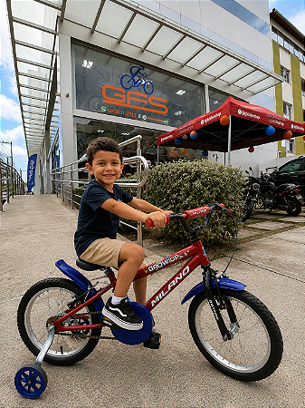 BICICLETA ARO (16) MASCULINA COR VERMELHO FERRARI/AZUL S/MARCHA MARCA MILANO GROW UP