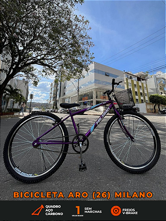 BICICLETA ARO (26) FEMININA COR VIOLETA SEM MARCHA MARCA MILANO QUADRO REBAIXADO COM CESTA
