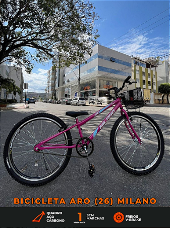 BICICLETA ARO (26) FEMININA COR PINK SEM MARCHA MARCA MILANO QUADRO REBAIXADO COM CESTA