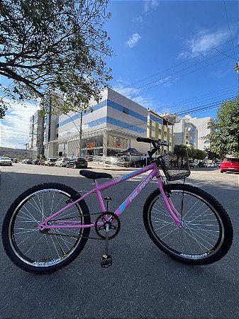 BICICLETA ARO (24) FEMININA COR ROSA CLARO SEM MARCHA MARCA MILANO QUADRO REBAIXADO COM CESTA