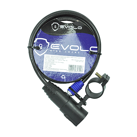 CADEADO PARA BICICLETA EVOLO ESPIRAL REVESTIDO 1.5M X 6MM COM CHAVE SIMPLES E SUPORTE