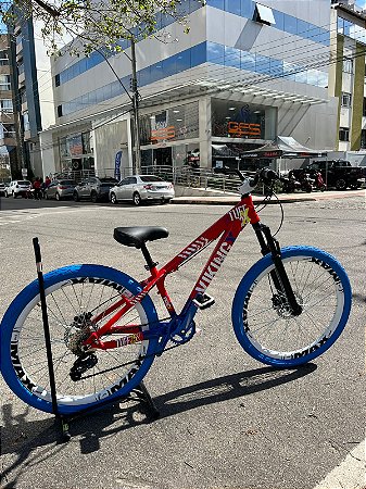 BICICLETA MTB FREERIDE ARO (26) VIKINGX TUFF-25 CAMBIO 8 VELOCIDADES FREIO DISC HIDRAULICO COR VERMELHO/AZUL/AMARELO
