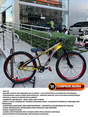 BICICLETA MTB FREERIDE ARO (26) RUSTIC PRO SEM MARCHA FREIO DISC HIDRÁULICO TRASEIRO COR CAMALEAO/VERMELHO