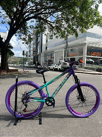 BICICLETA MTB FREERIDE ARO (26) VELOOH RIDE CAMBIO 7 VELOCIDADES (1X7) FREIO DISC MECÂNICO COR ROXO/VERDE AQUA