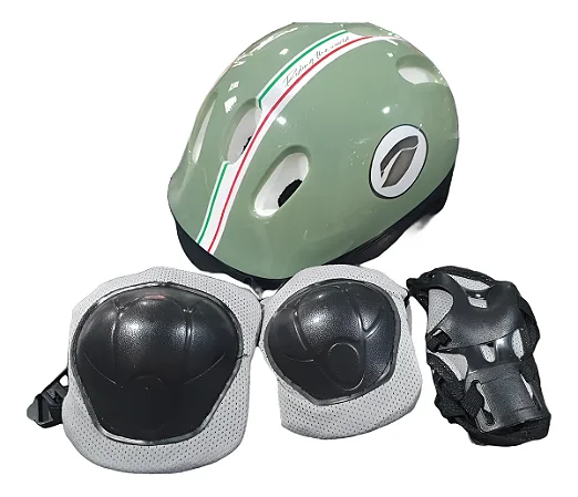 KIT INFANTIL CAPACETE/JOELHEIRA CINZA/VERDE EXERCITO TAMANHO M