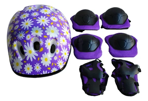 KIT INFANTIL CAPACETE/JOELHEIRA ROXO MARGARIDA TAMANHO M