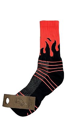 MEIA CICLISMO CANO MEDIO CHAMAS PRETO/LARANJA NEON