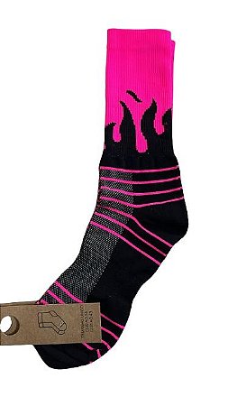 MEIA CICLISMO CANO MEDIO CHAMAS PRETO/ROSA NEON