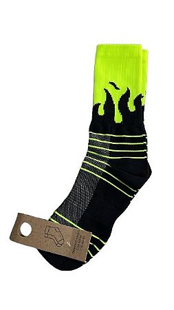 MEIA CICLISMO CANO MEDIO CHAMAS PRETO/AMARELO NEON