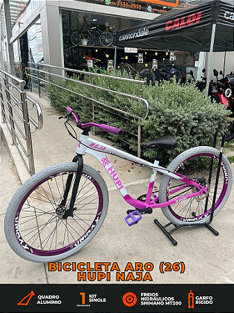 BICICLETA MTB FREERIDE ARO (26) HUPI NAJA KIT SINGLE S/ MARCHA FREIO DISC HIDRÁULICO TRASEIRO SHIMANO COR BRANCO/ROSA