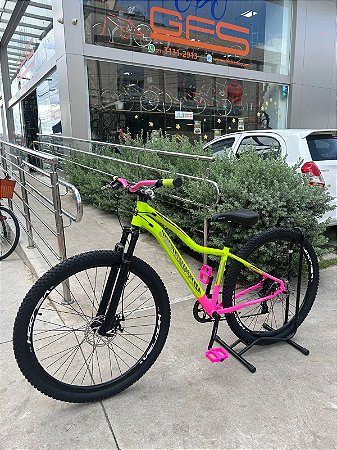 BICICLETA MTB ARO (29) VELOOH  8 VELOCIDADES (1X8) FREIO DISCO MECÂNICO TAMANHO 15 (P) AMARELO NEON/ROSA