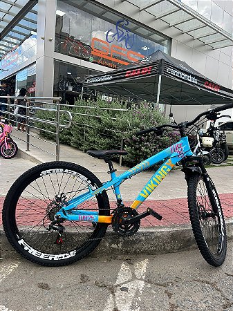 BICICLETA MTB FREERIDE ARO (26) VIKINGX TUFF-25 KIT 21 VELOCIDADES (3x7) FREIO DISC MECÂNICO COR  AZUL/LARANJA (USADA)