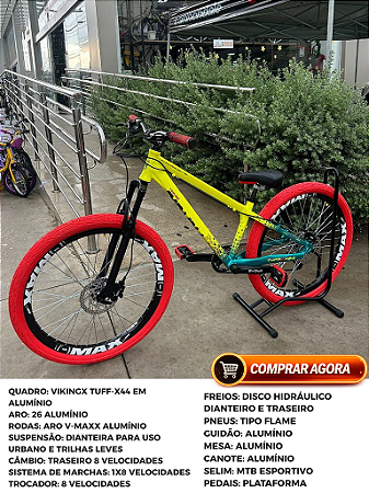 BICICLETA MTB FREERIDE ARO (26) VIKINGX TUFF-X44 CAMBIO 8 VELOCIDADES (1X8) FREIO DISC HIDRAULICO COR AMAR NEON/VERMELHO