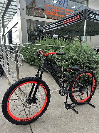 BICICLETA MTB FREERIDE ARO (26) VIKINGX TUFF X-25 CAMBIO 7VELOCIDADES (1X7) FREIO DISCO MECÂNICO COR GRAFITTE/LARANJA