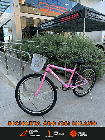 BICICLETA ARO (26) FEMININA COR ROSA CLARO SEM MARCHA MARCA MILANO QUADRO REBAIXADO COM CESTA