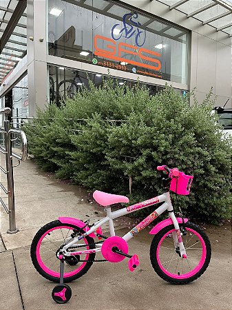 BICICLETA ARO (16) FEMININA COR BRANCA/ROSA S/MARCHA FREIO V-BRAKE MARCA VELOOH PERSONALIZADA