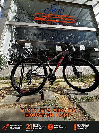 BICICLETA MTB ARO (29) HOUSTON KAMP CÂMBIO SHIMANO 21VELOCIDADES (3X7) FREIO DISC MECÂNICO TAMANHO 15 (P) INOX/VERMELHO
