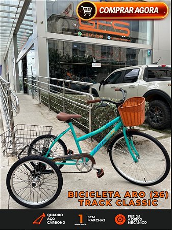 BICICLETA TRICICLO ARO (26) TRACK CLASSIC FREIO A DISCO MECÂNICO COR VERDE JADE COM CESTA