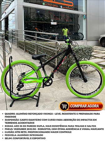 BICICLETA MTB FREERIDE ARO (26) VIKINGX TUFF X-44 CAMBIO 8 VELOCIDADES (1x8) FREIO DISC HIDRÁULICO COR PRETO/VERDE
