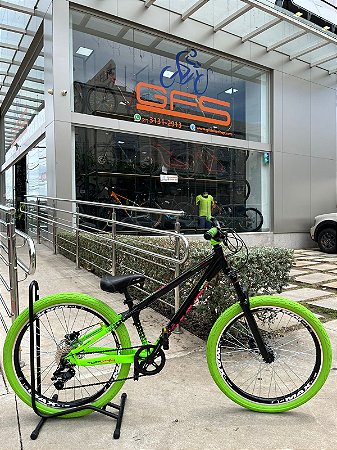 BICICLETA MTB FREERIDE ARO (26) VIKINGX TUFF X-44 CAMBIO 8 VELOCIDADES (1x8) FREIO DISC HIDRÁULICO COR PRETO/VERDE