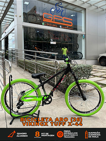BICICLETA MTB FREERIDE ARO (26) VIKINGX TUFF X-44 CAMBIO 8 VELOCIDADES (1x8) FREIO DISC HIDRÁULICO COR PRETO/VERDE