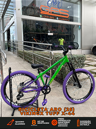 BICICLETA MTB FREERIDE ARO (26) VIKINGX TUFF-X44 CAMBIO 8 VELOCIDADES (1X8) FREIO DISC HIDRAULICO COR VERDE/ROXO