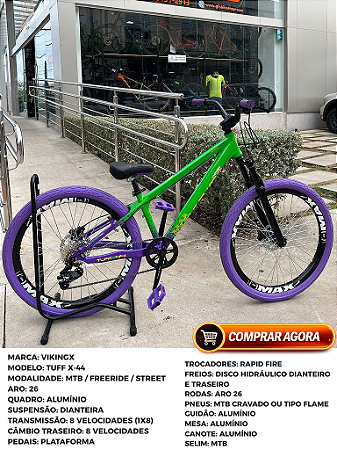 BICICLETA MTB FREERIDE ARO (26) VIKINGX TUFF-X44 CAMBIO 8 VELOCIDADES (1X8) FREIO DISC HIDRAULICO COR VERDE/ROXO