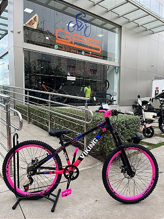 BICICLETA MTB FREERIDE ARO (26) VIKINGX TUFF X-25 CAMBIO 7VELOCIDADES (1X7) FREIO DISCO MECÂNICO COR PRETO/ROSA