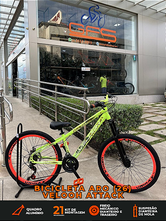 BICICLETA MTB FREERIDE ARO (26) VELOOH RIDE 21 VELOCIDADES (3X7) FREIO DISC MECÂNICO COR AMARELO NEON/LARANJA
