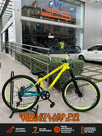 BICICLETA MTB FREERIDE ARO (26) VIKINGX TUFF X-44 CAMBIO 7VELOCIDADES (1X7) FREIO DISCO MECÂNICO COR AMARELO/VERDE