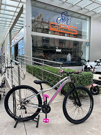 BICICLETA MTB ARO (29) VELOOH START 21 VELOCIDADES FREIO A DISCO MECÂNICO TAMANHO 15 (P) COR CROMADA/ROSA
