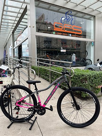 BICICLETA MTB ARO (29) VELOOH START 21 VELOCIDADES FREIO A DISCO MECÂNICO TAMANHO 15 (P) COR CINZA/ROSA