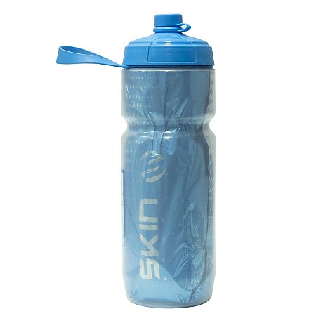 KIT GARRAFA TERMICA SKIN AZUL AUTOMATICA 590ML + PLUG DE MANOPLA PRETO + PEDAL CLIP PARA MTB WELLGO M998 PLATAFORMA ALUMINIO COM TACOS
