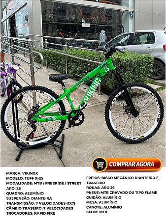 BICICLETA MTB FREERIDE ARO (26) VIKINGX TUFF X-25 CAMBIO 7VELOCIDADES (1X7) FREIO DISCO MECÂNICO COR VERDE/BRANCO