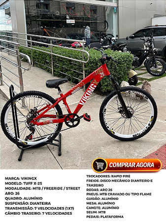 BICICLETA MTB FREERIDE ARO (26) VIKINGX TUFF X-25 CAMBIO 7VELOCIDADES (1X7) FREIO DISCO MECÂNICO COR VERMELHA
