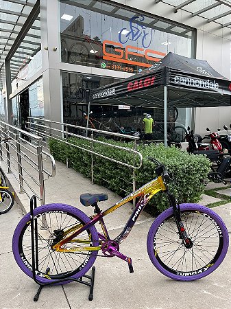 BICICLETA MTB FREERIDE ARO (26) RUSTIC PRO KIT SINGLE S/ MARCHA FREIO DISC HIDRÁULICO MT200 TRASEIRO COR CAMALEAO/ROXO