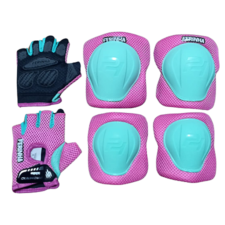 KIT PROTEÇÃO INFANTIL FERINHA LUVA COTOVELEIRA JOELHEIRA  PINK FLUOR/VERDE MINT TAMANHO M