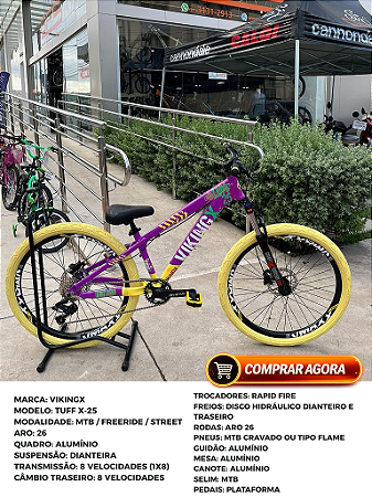 BICICLETA MTB FREERIDE ARO (26) VIKINGX TUFF X-25 CAMBIO 8 VELOCIDADES (1x8) FREIO DISC HIDRÁULICO COR ROXO/AMARELO