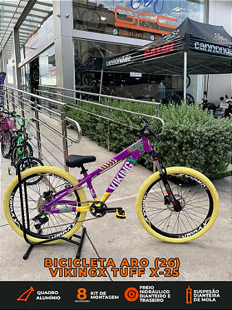 BICICLETA MTB FREERIDE ARO (26) VIKINGX TUFF X-25 CAMBIO 8 VELOCIDADES (1x8) FREIO DISC HIDRÁULICO COR ROXO/AMARELO