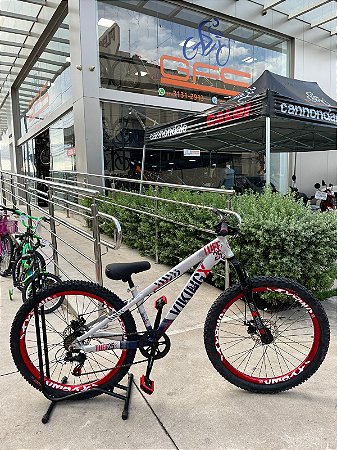 BICICLETA MTB FREERIDE ARO (26) VIKINGX TUFF X-25 CAMBIO 7VELOCIDADES (1X7) FREIO DISCO MECÂNICO COR PRATA/VERMELHO