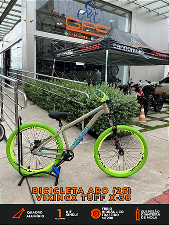 BICICLETA MTB FREERIDE ARO (26) VIKINGX TUFF-38 KIT SINGLE (S/MARCHA) FREIO DISC HIDRÁULICO TRASEIRO MT200 COR OLIVA