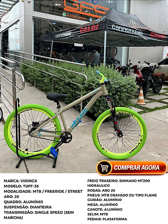 BICICLETA MTB FREERIDE ARO (26) VIKINGX TUFF-38 KIT SINGLE (S/MARCHA) FREIO DISC HIDRÁULICO TRASEIRO MT200 COR OLIVA