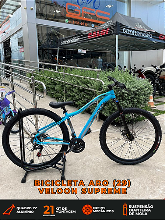 BICICLETA MTB ARO (29) VELOOH SUPREME 21 VELOCIDADES FREIO A DISCO MECÂNICO TAMANHO 15 (P) COR AZUL CLARO