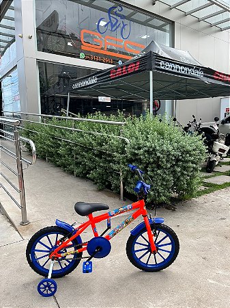 BICICLETA ARO (16) MASCULINA COR LARANJA/AZUL S/MARCHA MARCA VELOOH PERSONALIZADA